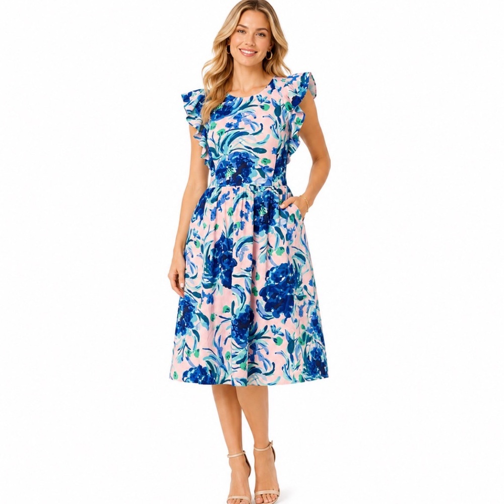 Lilly Pulitzer Pink & Blue Floral Ruffle Midi Dress